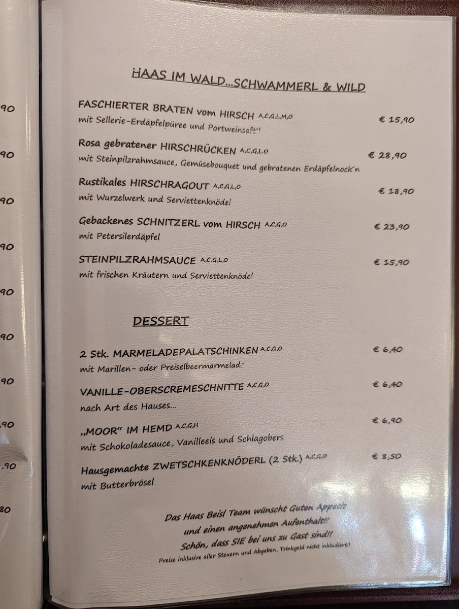 Speisekarte, Haas Beisl