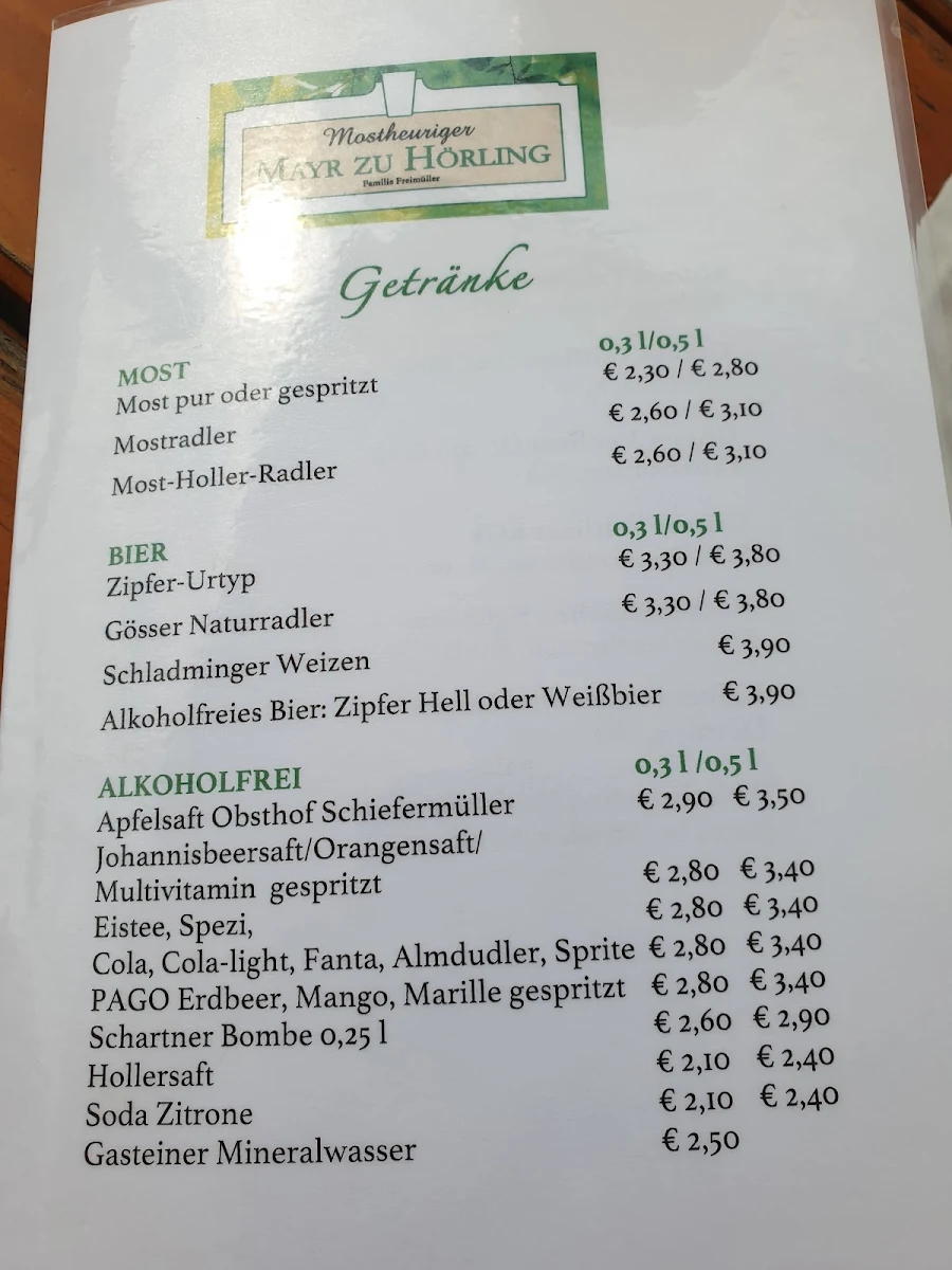 Speisekarte, Mostheuriger Mayr zu Hörling