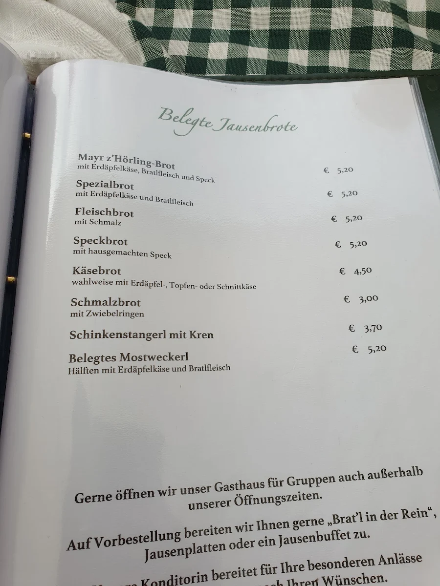 Speisekarte, Mostheuriger Mayr zu Hörling