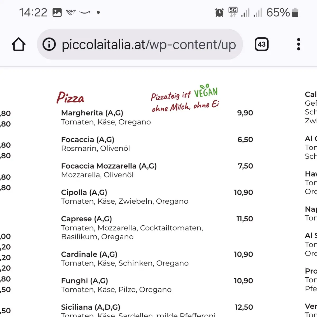 Speisekarte, Piccola Italia