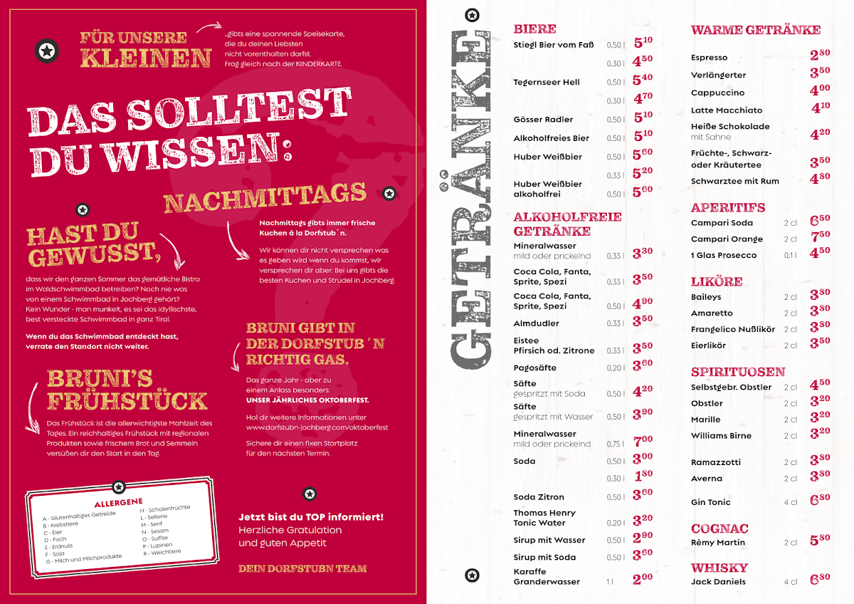Speisekarte, Dorfstubn Jochberg - Zimmer und Restaurant