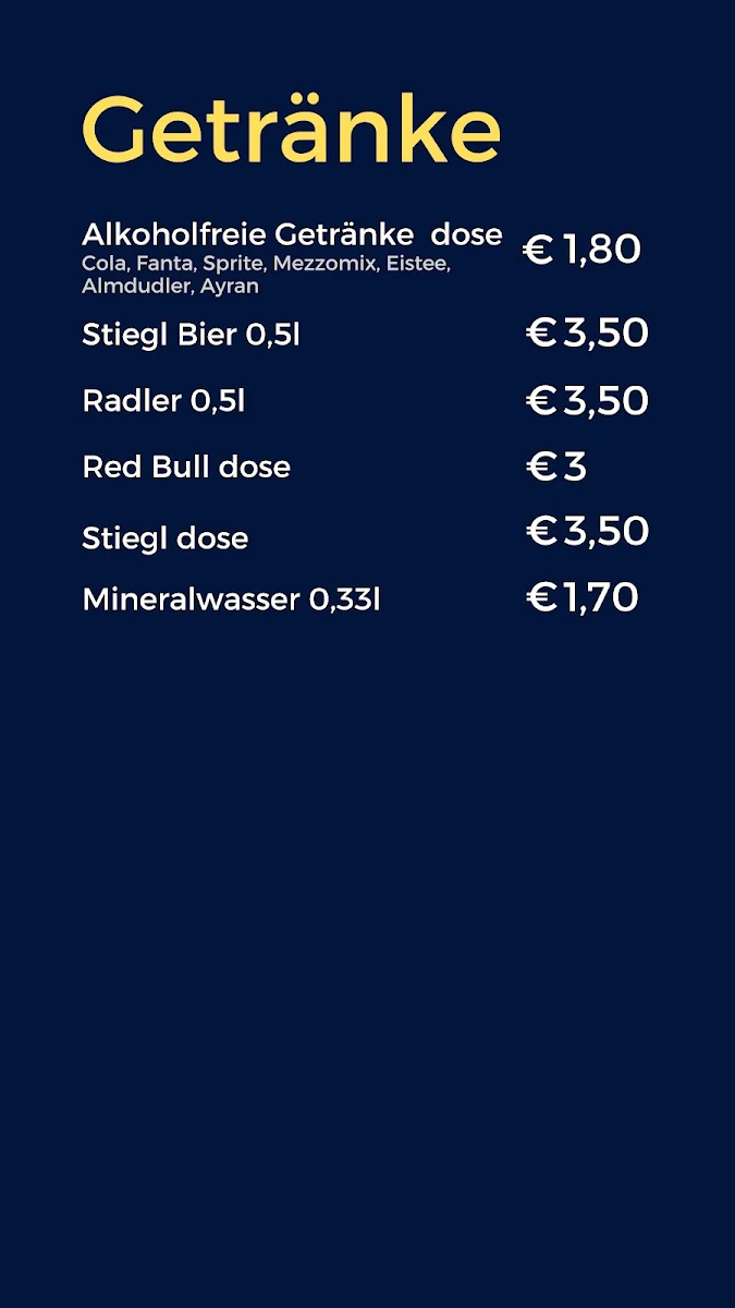 Speisekarte, Ali‘s Imbiss
