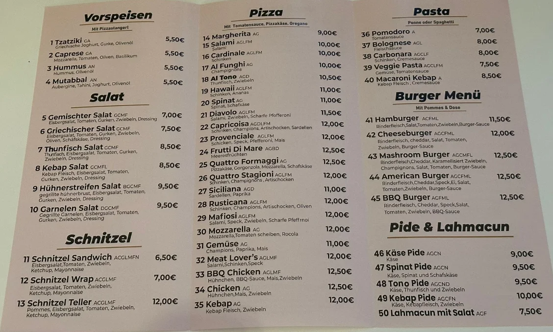 Speisekarte, Rosé Restaurant&Bar