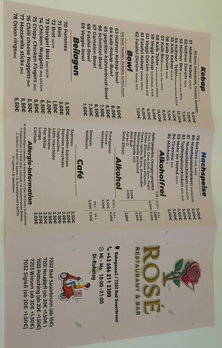 Speisekarte, Rosé Restaurant&Bar