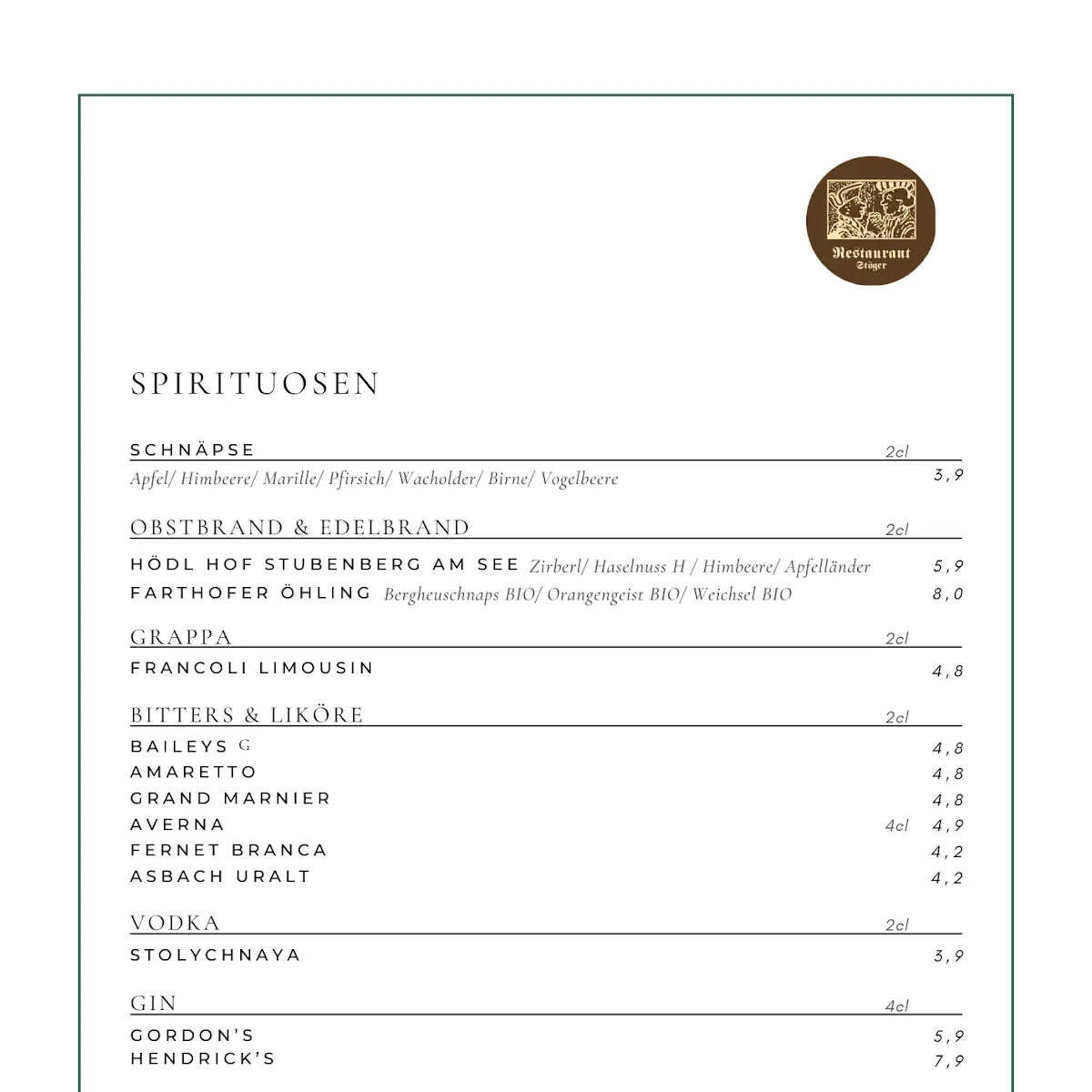 Speisekarte, Restaurant Stöger