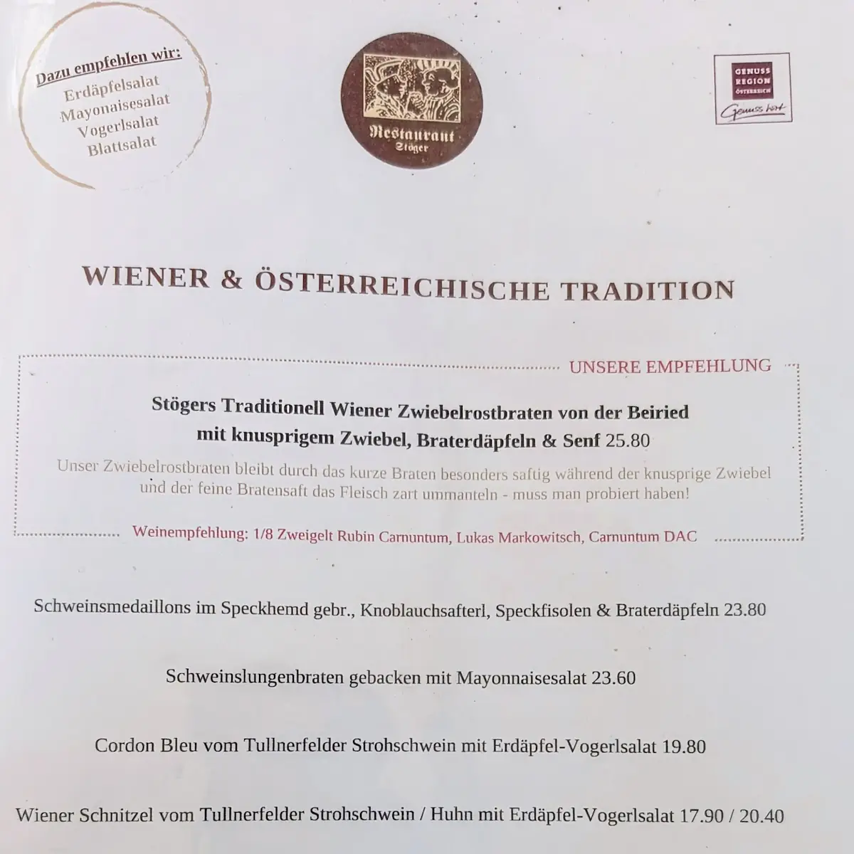 Speisekarte, Restaurant Stöger