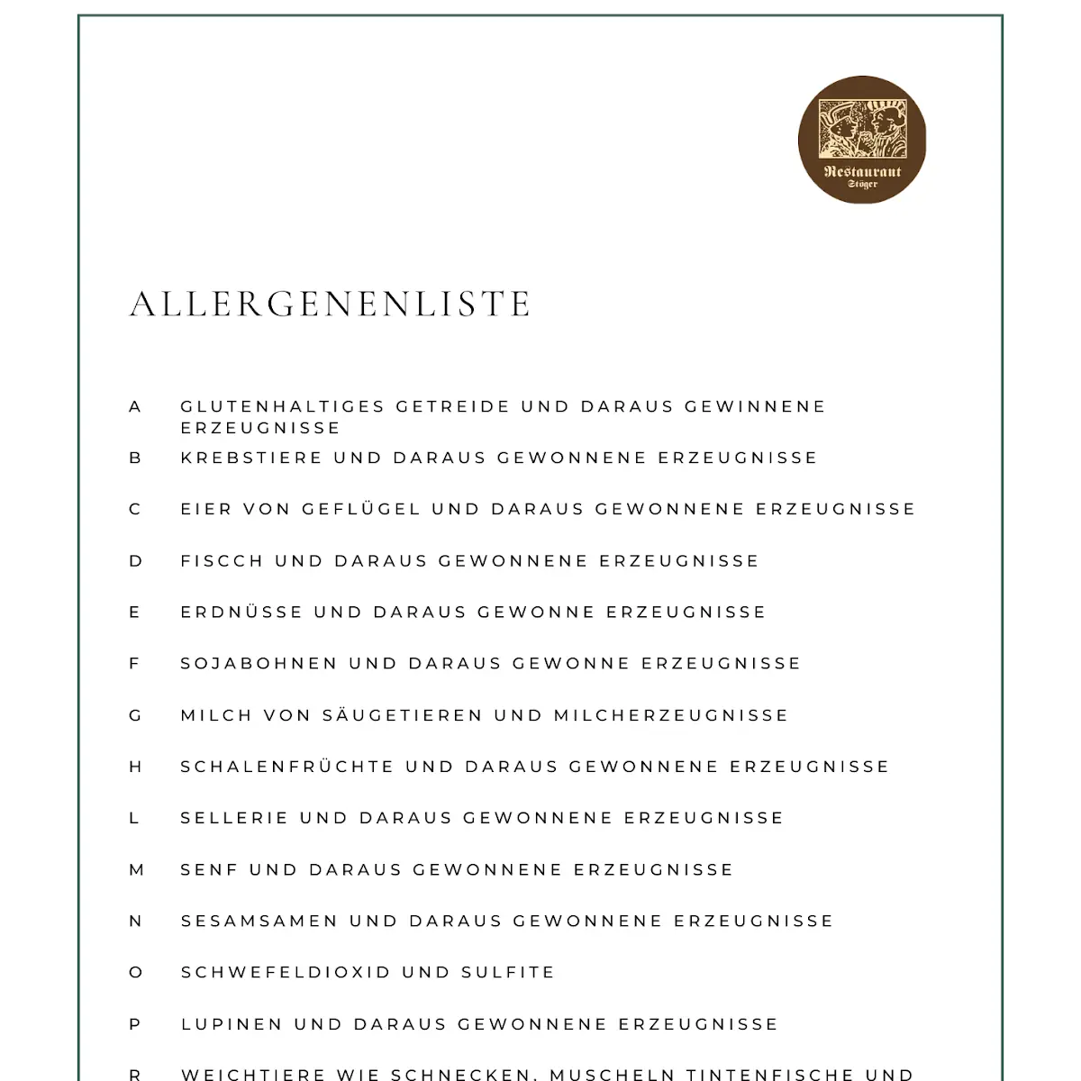 Speisekarte, Restaurant Stöger
