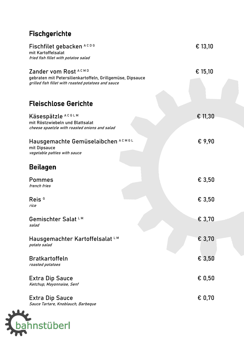 Speisekarte, Zahnradbahnstüberl