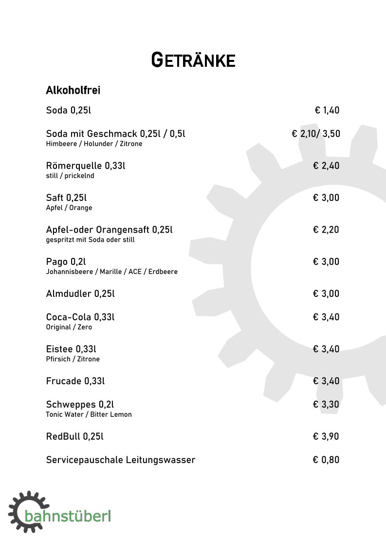 Speisekarte, Zahnradbahnstüberl