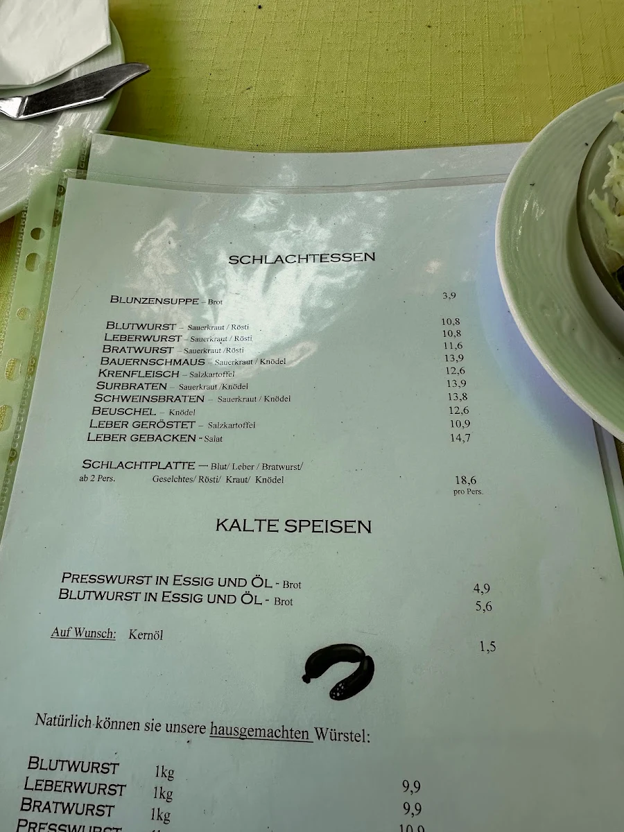 Speisekarte, Gasthaus Binder Orth an der Donau