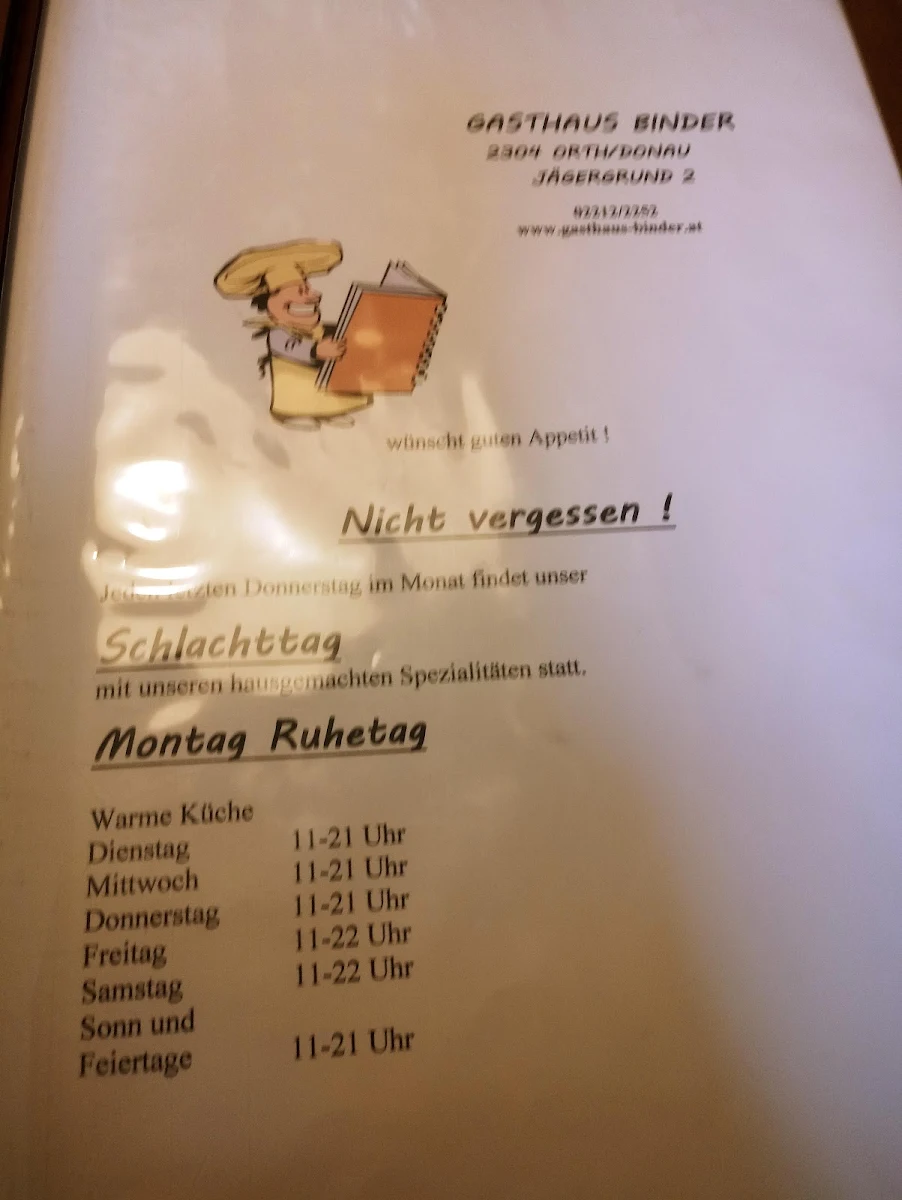 Speisekarte, Gasthaus Binder Orth an der Donau