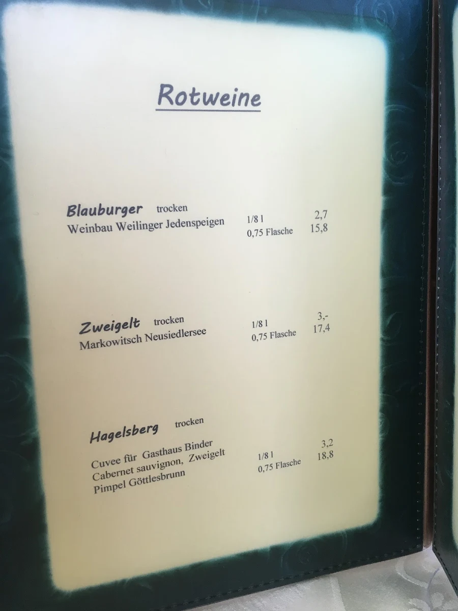Speisekarte, Gasthaus Binder Orth an der Donau