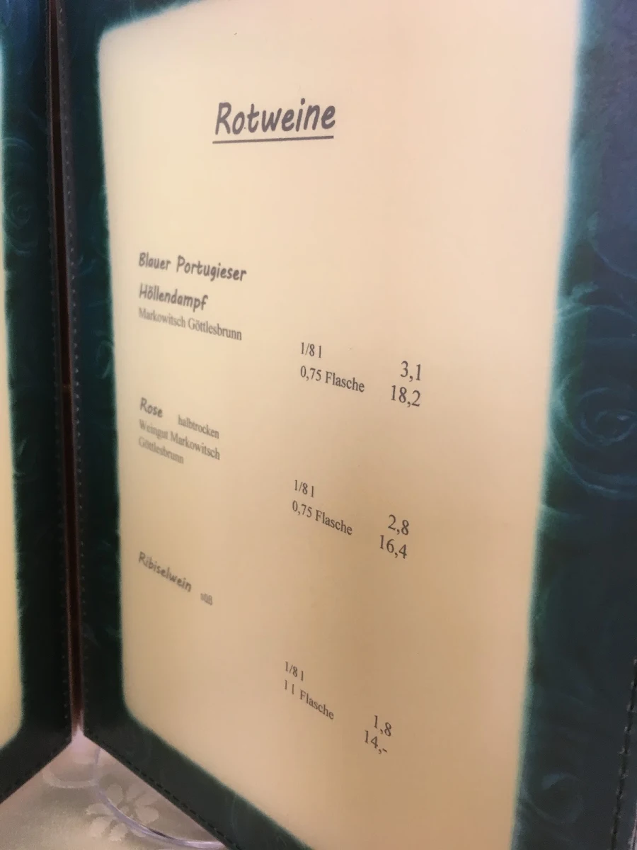 Speisekarte, Gasthaus Binder Orth an der Donau