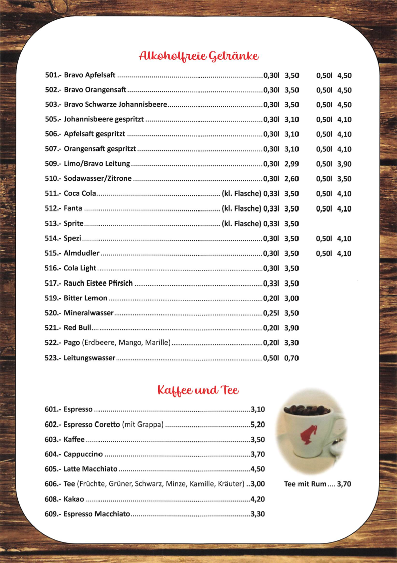 Speisekarte, Restaurant Rennbahnwirt