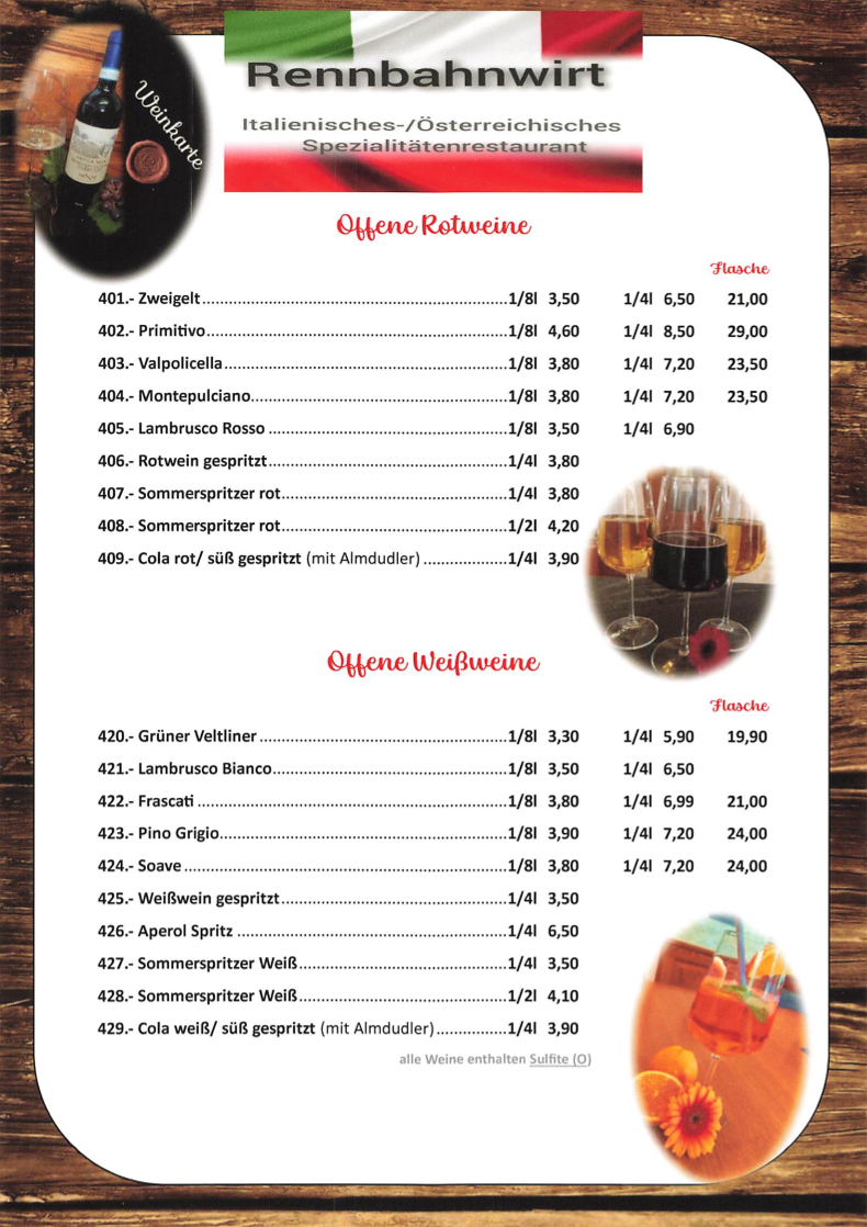 Speisekarte, Restaurant Rennbahnwirt