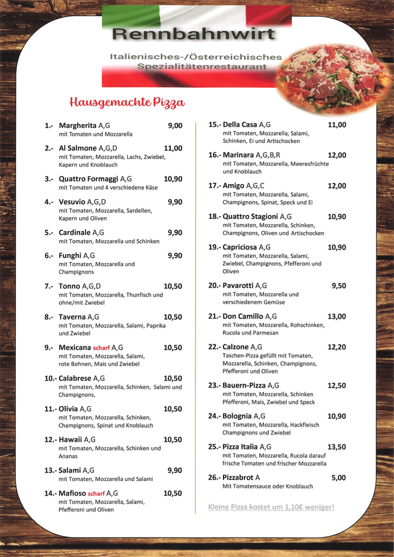 Speisekarte, Restaurant Rennbahnwirt