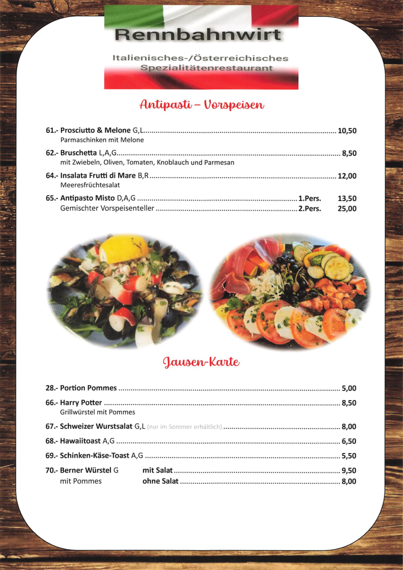 Speisekarte, Restaurant Rennbahnwirt