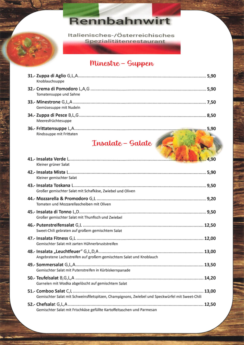 Speisekarte, Restaurant Rennbahnwirt