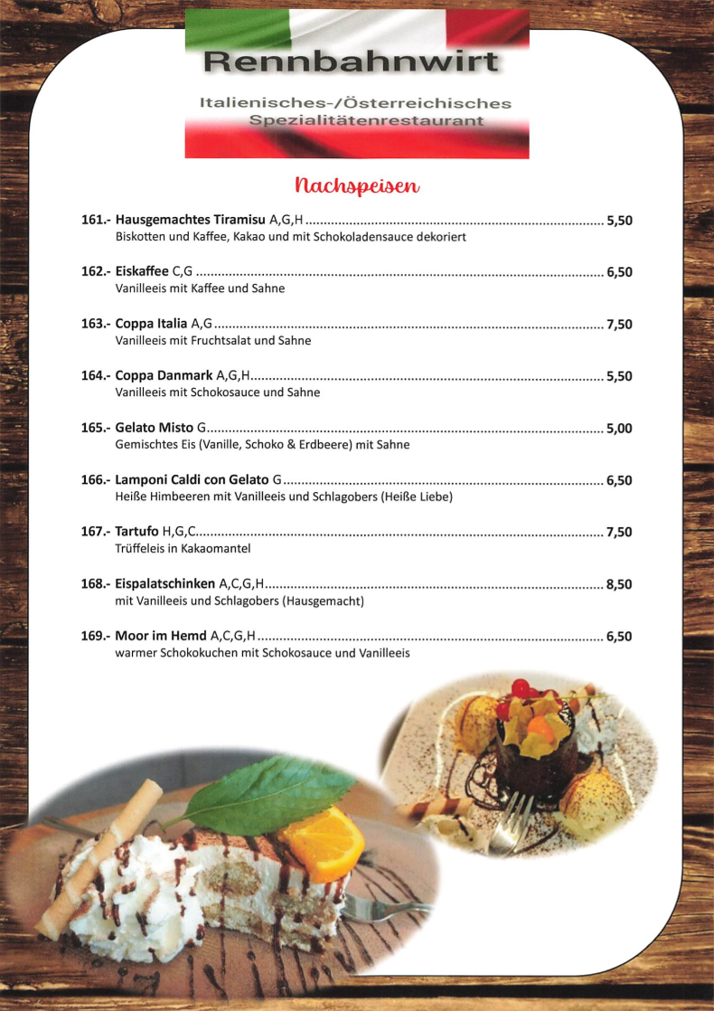 Speisekarte, Restaurant Rennbahnwirt