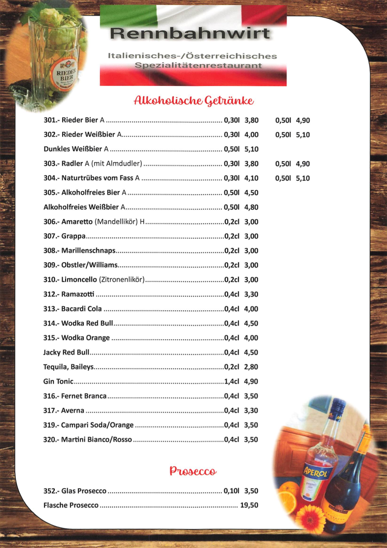 Speisekarte, Restaurant Rennbahnwirt