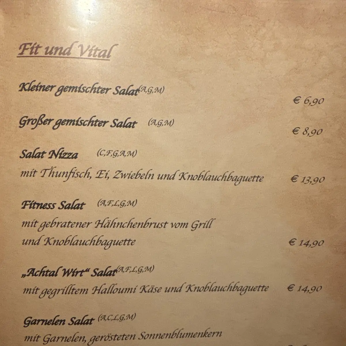 Speisekarte, Restaurant Pizzeria Zum Achtal Wirt