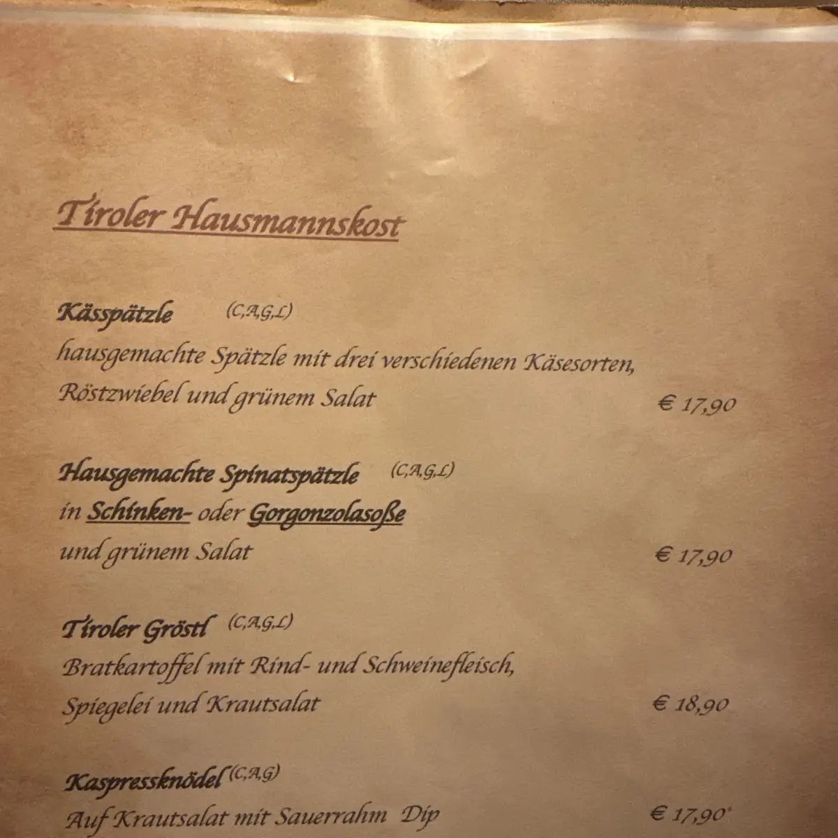 Speisekarte, Restaurant Pizzeria Zum Achtal Wirt
