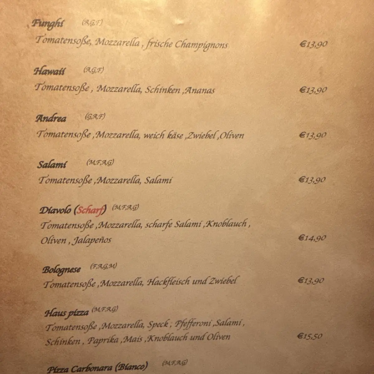 Speisekarte, Restaurant Pizzeria Zum Achtal Wirt