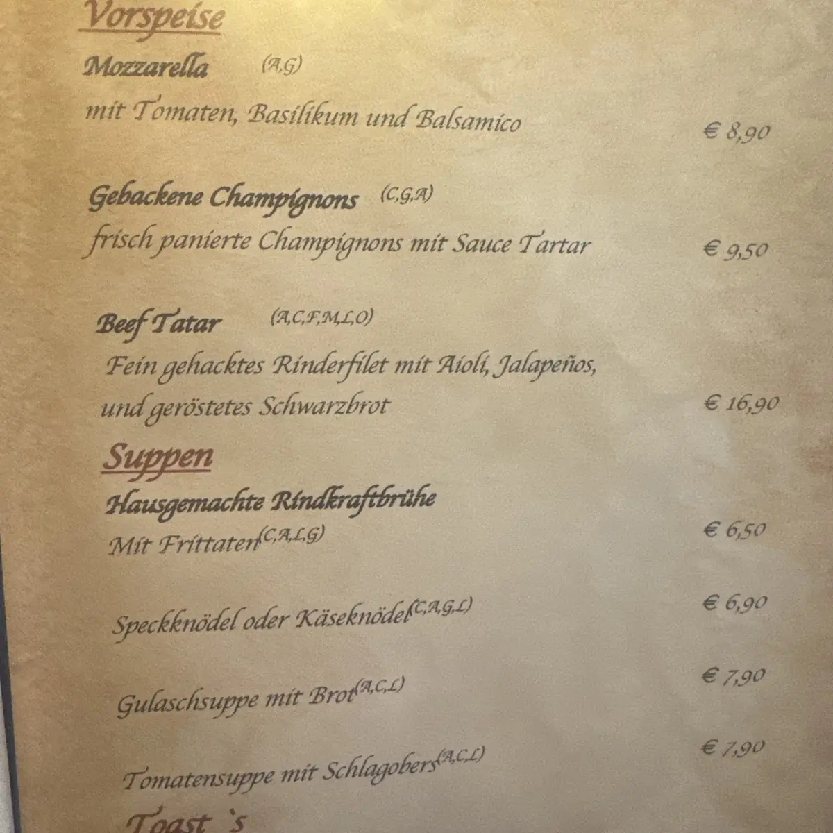 Speisekarte, Restaurant Pizzeria Zum Achtal Wirt