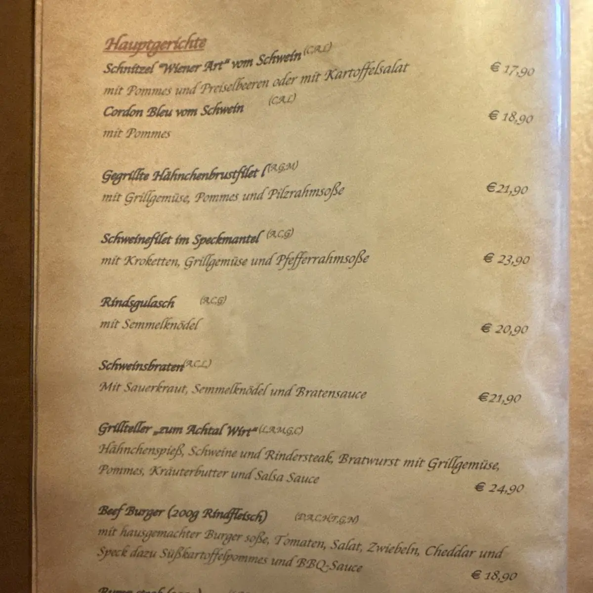 Speisekarte, Restaurant Pizzeria Zum Achtal Wirt