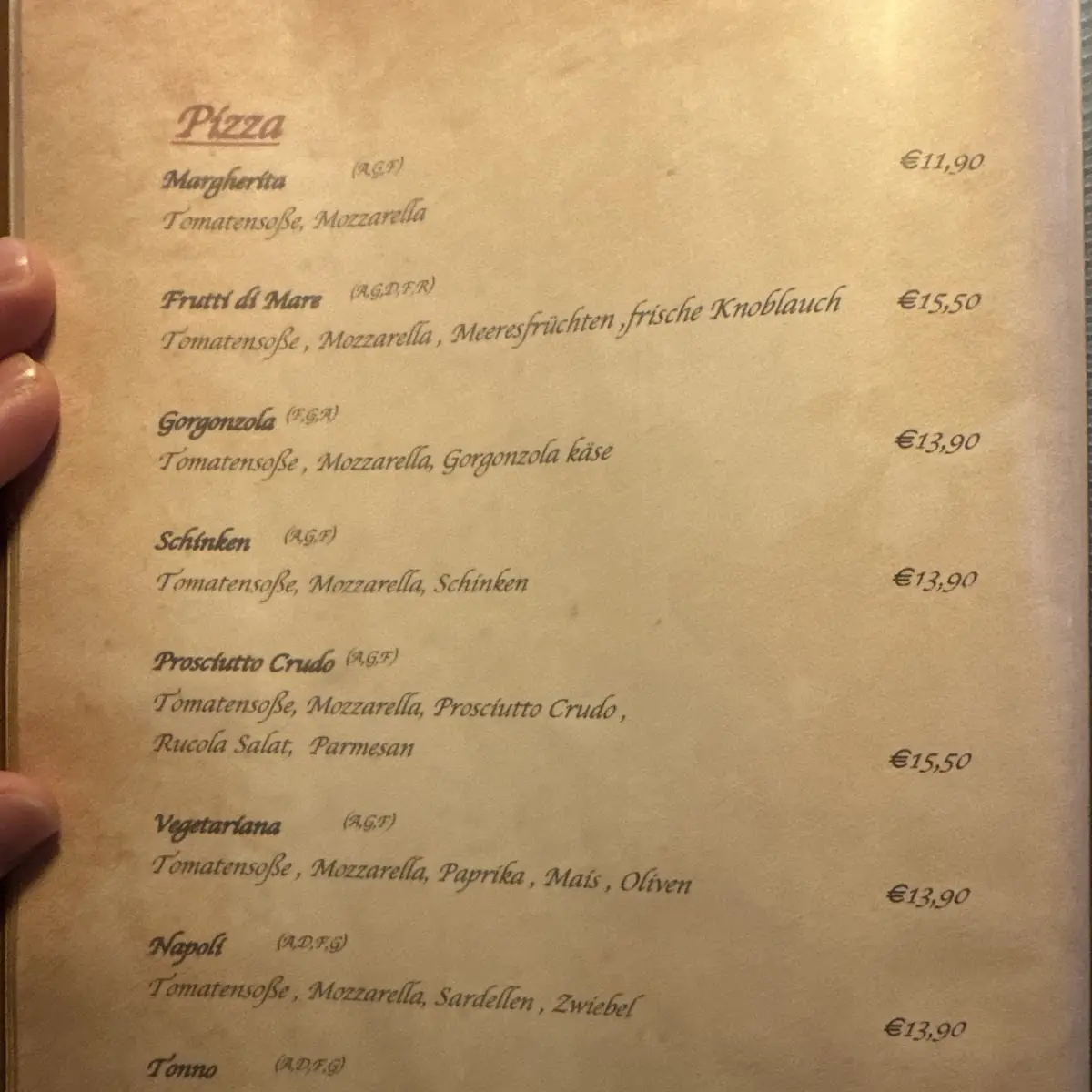 Speisekarte, Restaurant Pizzeria Zum Achtal Wirt