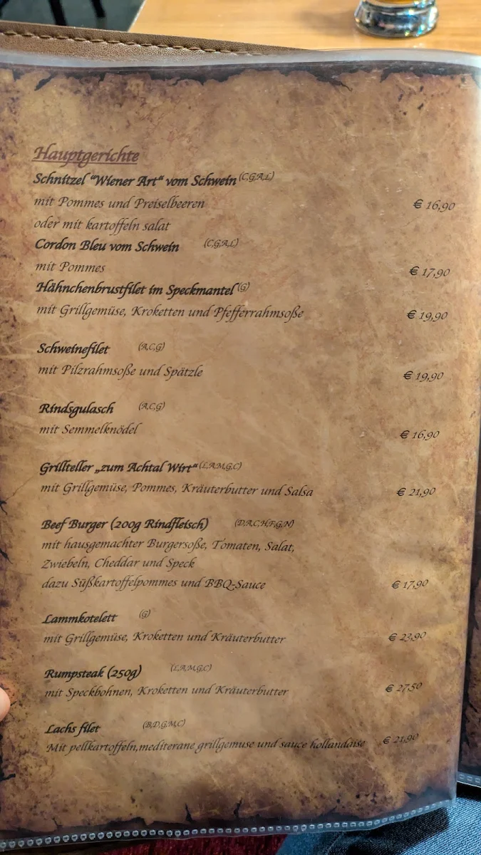 Speisekarte, Restaurant Pizzeria Zum Achtal Wirt