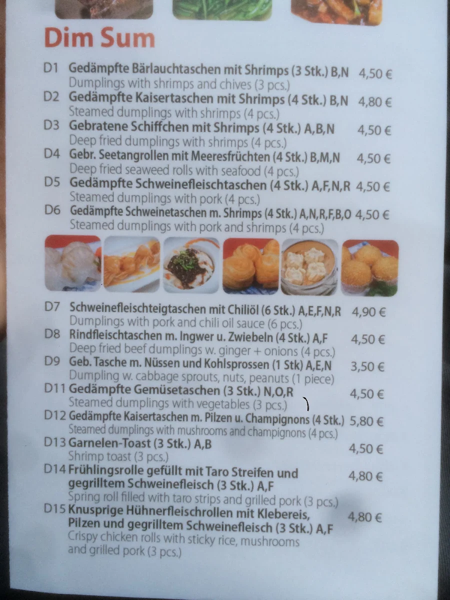 Speisekarte, Aming Dim Sum Profi