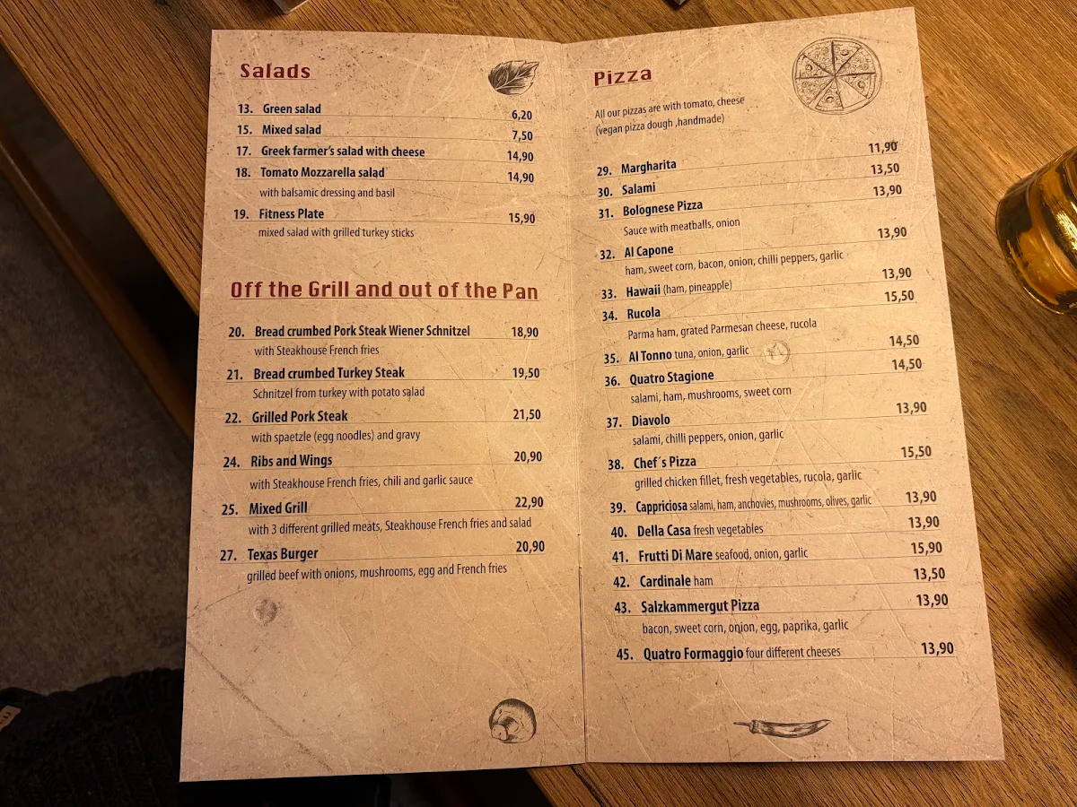 Speisekarte, Pizzeria Kegelbahn