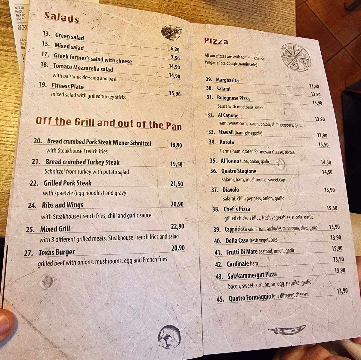 Speisekarte, Pizzeria Kegelbahn