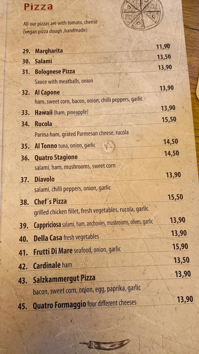 Speisekarte, Pizzeria Kegelbahn