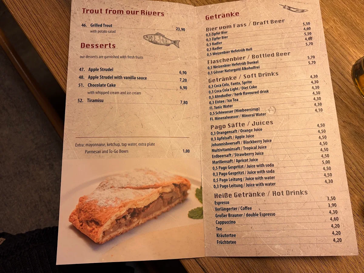 Speisekarte, Pizzeria Kegelbahn