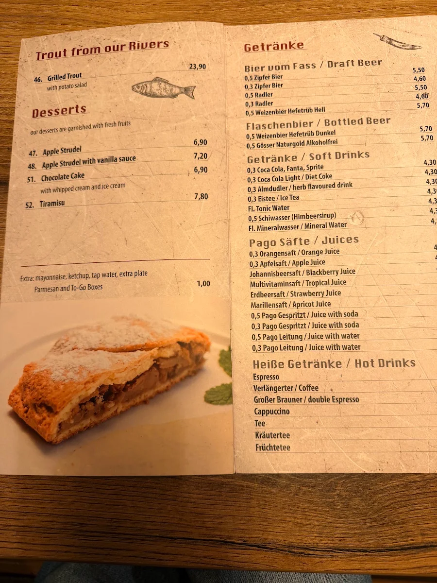 Speisekarte, Pizzeria Kegelbahn