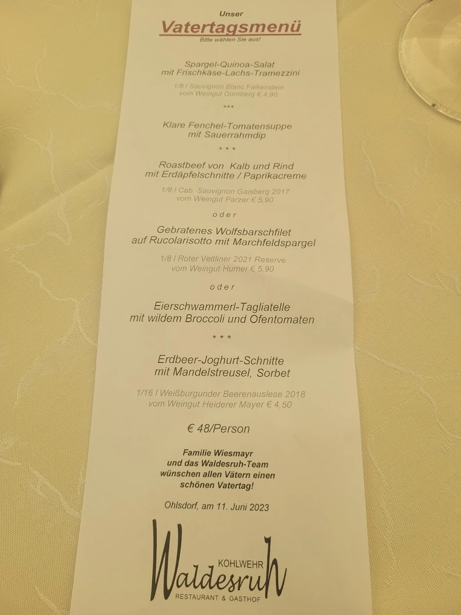 Speisekarte, Restaurant & Hotel Waldesruh