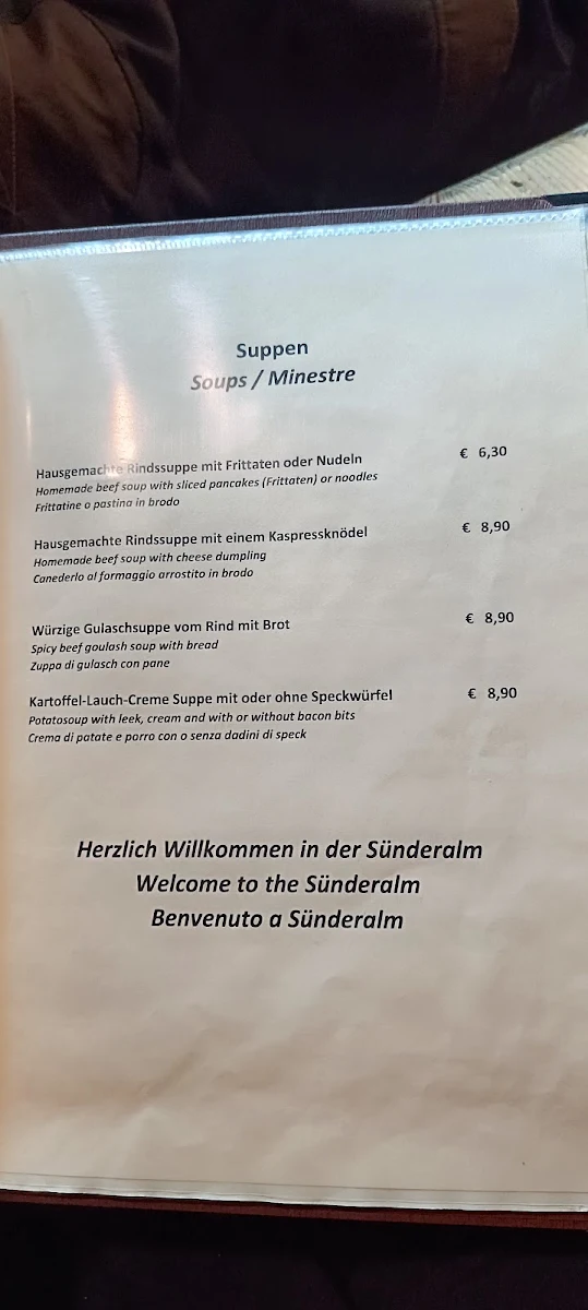 Speisekarte, Die Sünderalm