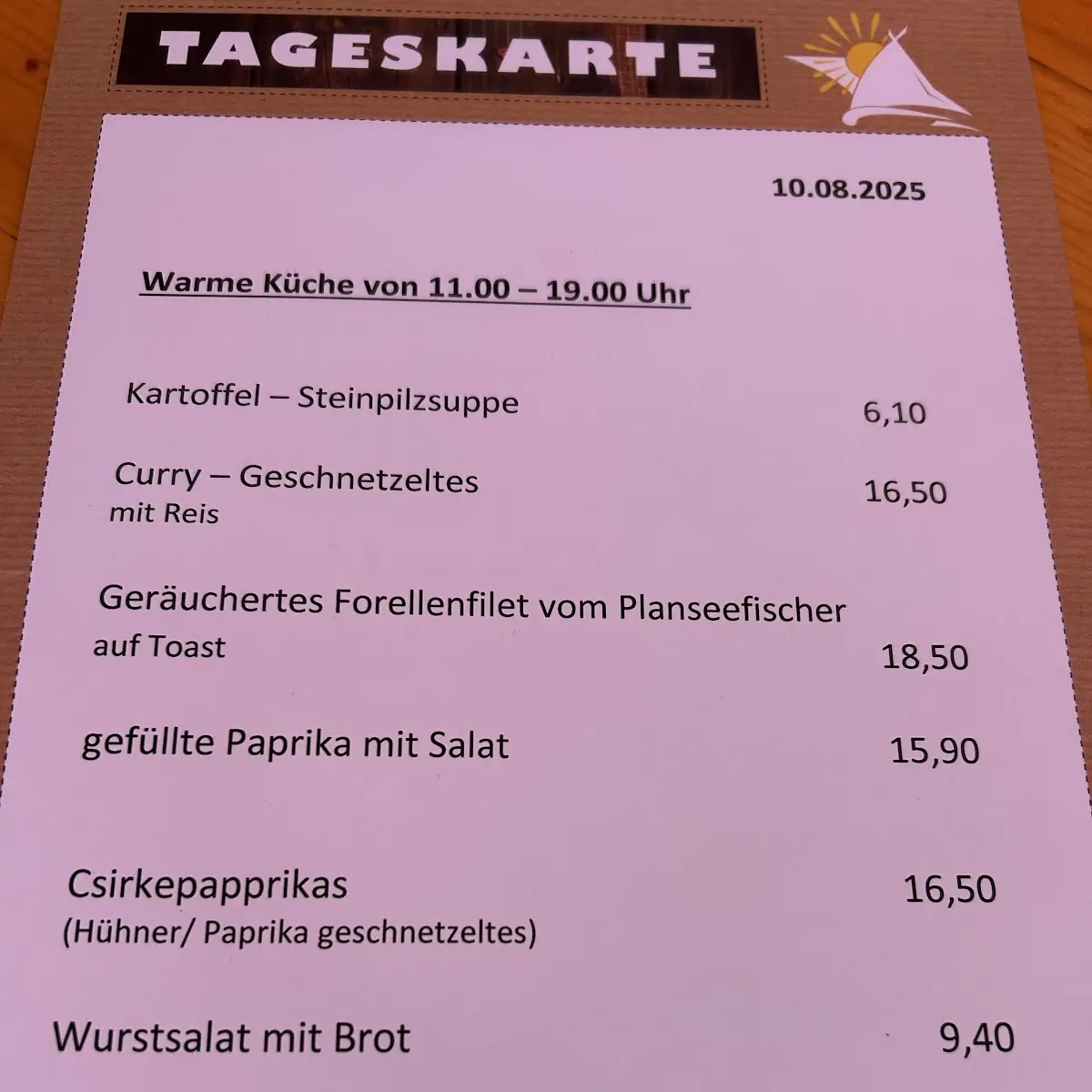 Speisekarte, Griessers Seespitzkiosk und Camping