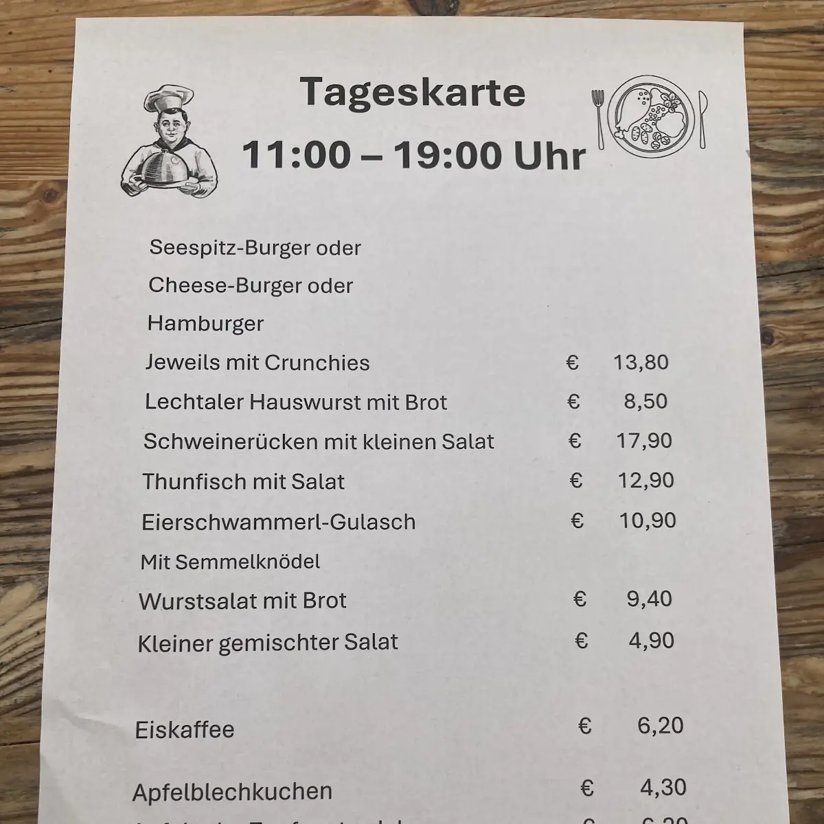 Speisekarte, Griessers Seespitzkiosk und Camping