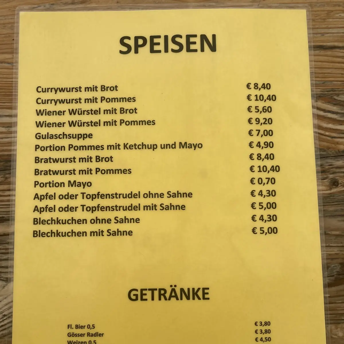 Speisekarte, Griessers Seespitzkiosk und Camping