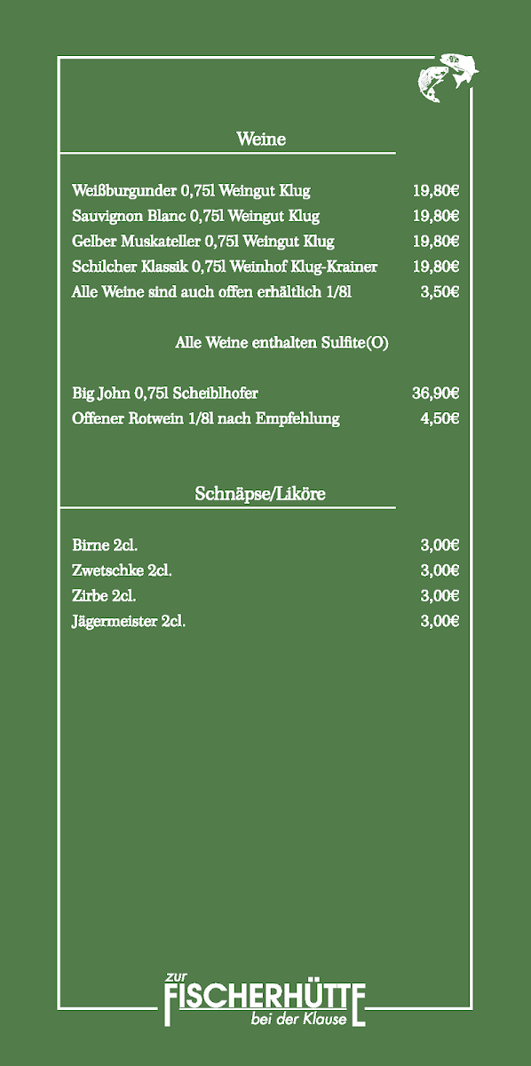Speisekarte, Zur Fischerhütte bei der Klause