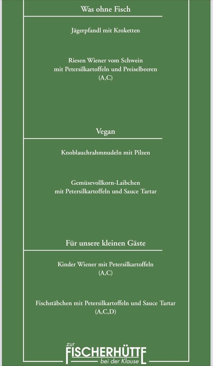 Speisekarte, Zur Fischerhütte bei der Klause