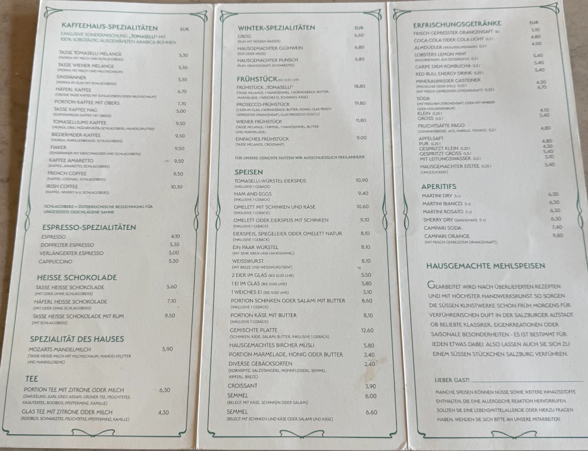Speisekarte, Café Tomaselli