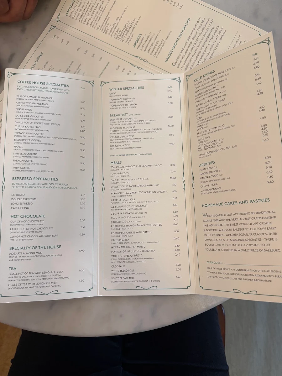 Speisekarte, Café Tomaselli