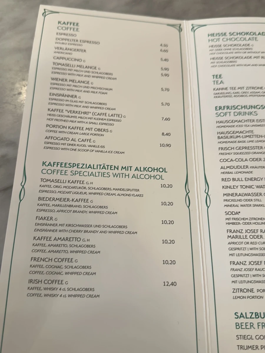 Speisekarte, Café Tomaselli