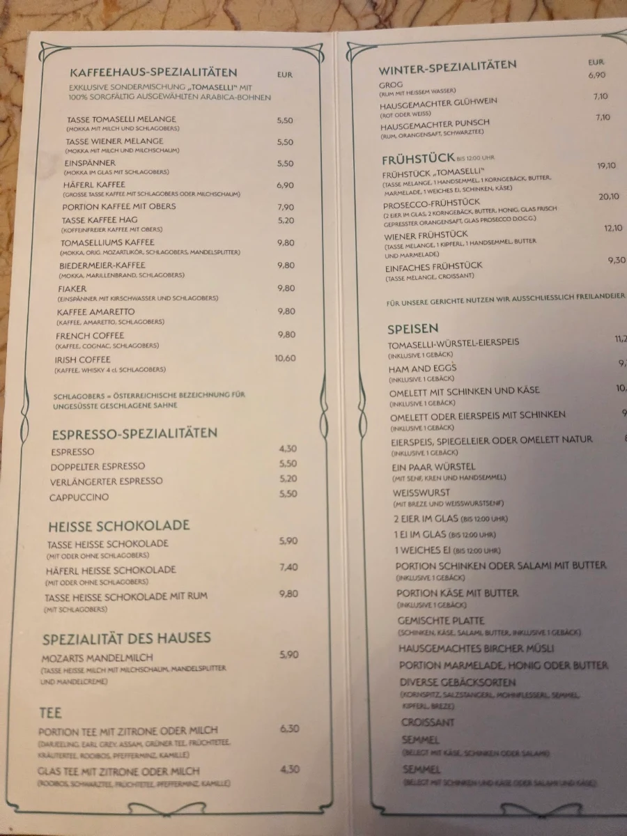 Speisekarte, Café Tomaselli