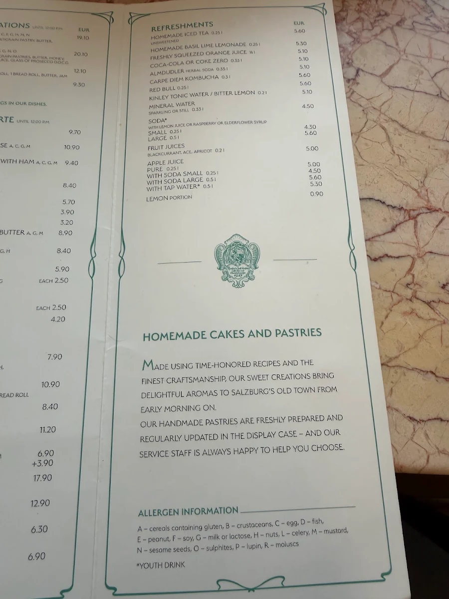 Speisekarte, Café Tomaselli