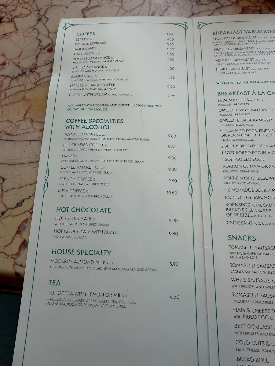 Speisekarte, Café Tomaselli